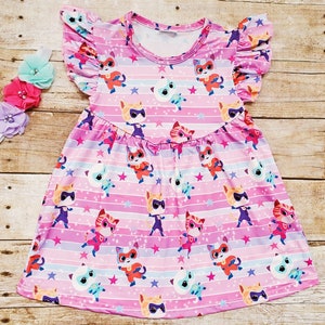 Restocked 4/30 Super Kitties dress, Superheroes girl dress. Super Kitties pearl dress. Super Kitties character dress. Kitties Comic dress.