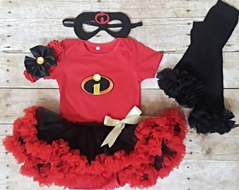 Incredibles Superhero Halloween costume baby girl dress, Tutu dress/bodysuit, headband, leg warmers mask outfit. Nb-24 months