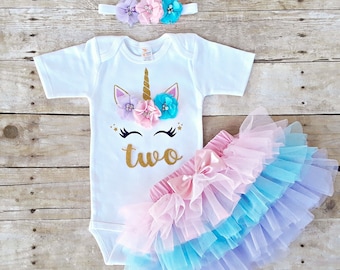 Second Birthday Unicorn outfit, 2nd Birthday, Tutu skirt, Glitter Bodysuit, headband. Rainbow Baby, toddler 1-2 years