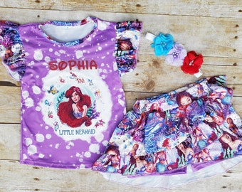 Girl little mermaid 2 piece outfit, Ariel personalized dress, Mermaid top and skort Birthday  dress. Little mermaid outfit skirt