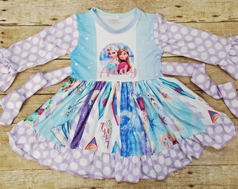 Long sleeves Princess twirl dress Personalized Frozen,  Disney panel dress, Birthday  Elsa, Ana. Olaf