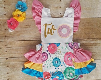 Donut Second birthday romper, Two donut romper, Baby donut romper,  Girl Second birthday donut outfit headband  Baby girl  Smash cake