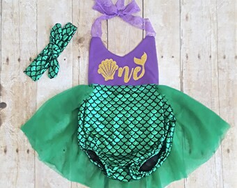 First birthday, 1st Mermaid romper skirted tutu outfit, birthday, girl, baby, toddler. Smash Cake, little mermaid. 12-18 months