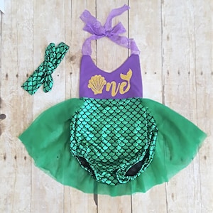 First birthday, 1st Mermaid romper skirted tutu outfit, birthday, girl, baby, toddler. Smash Cake, little mermaid. 12-18 months