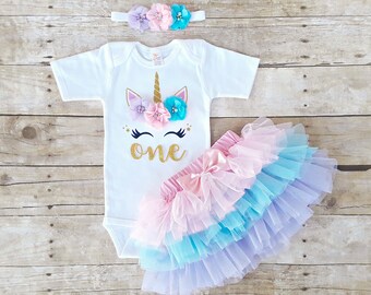 First ONE Unicorn birthday outfit, 1st Birthday, Tutu skirt, Glitter Bodysuit, headband. Rainbow Baby, toddler 6-24 months
