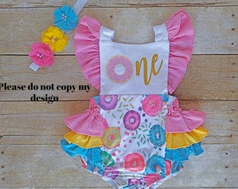 Restocked 7/23 Donut First birthday romper One donut romper Baby donut romper Girl first birthday donut outfit headband Baby girl Smash cake