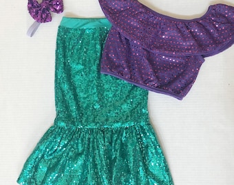 Mermaid Girl costume outfit, mermaid birthday, Halloween, little mermaid, sequin skirt, top, headband