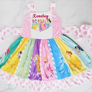 Restocked 9/9. Princess dress twirl panel. Disney panel dress Birthday  Ariel Cinderella, Belle, Jasmine, tangle Snow Tiana.