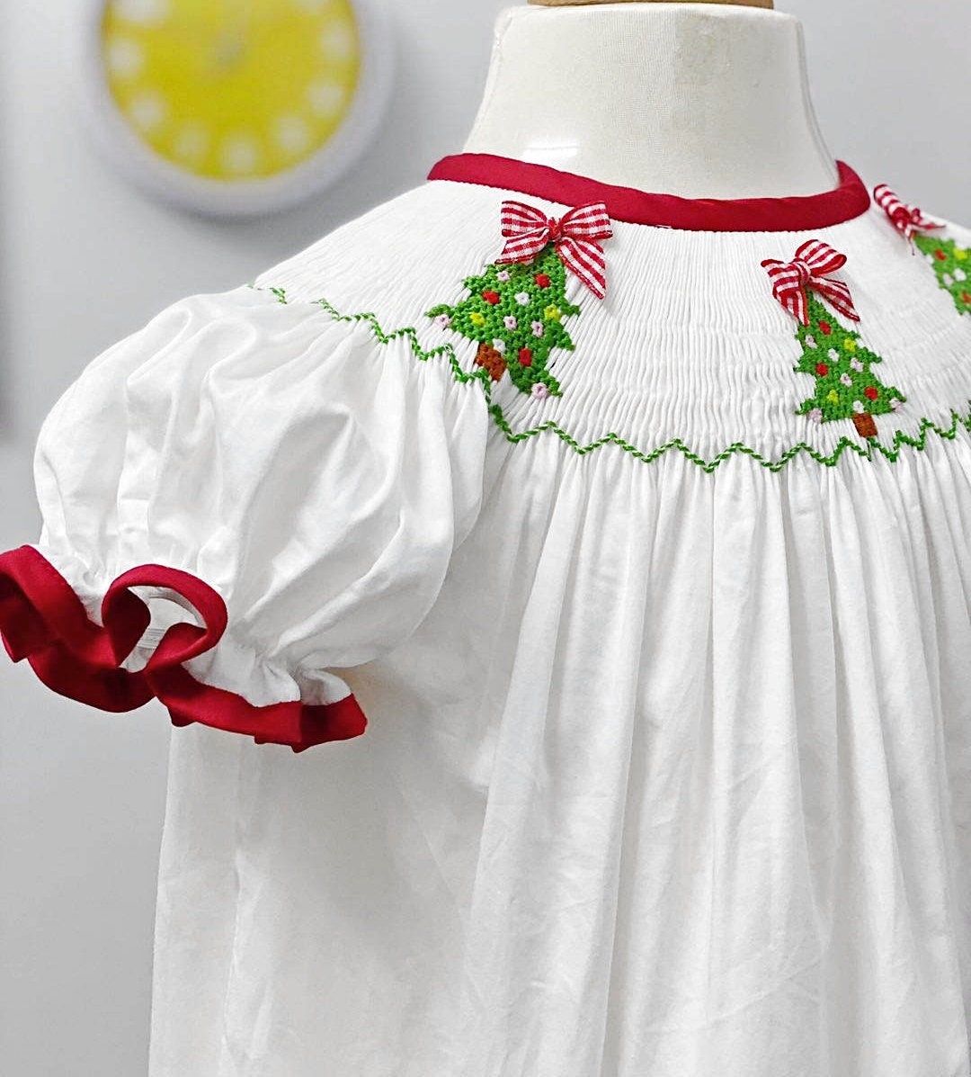 white christmas dresses Smocked Snowman Red Christmas Girls Dress Bishop Style main image 1