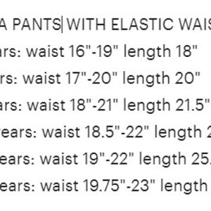 May include: Yoga pants with elastic waist, size chart for ages 2-8 years. Waist measurements range from 16-23 inches and length measurements range from 18-28 inches.