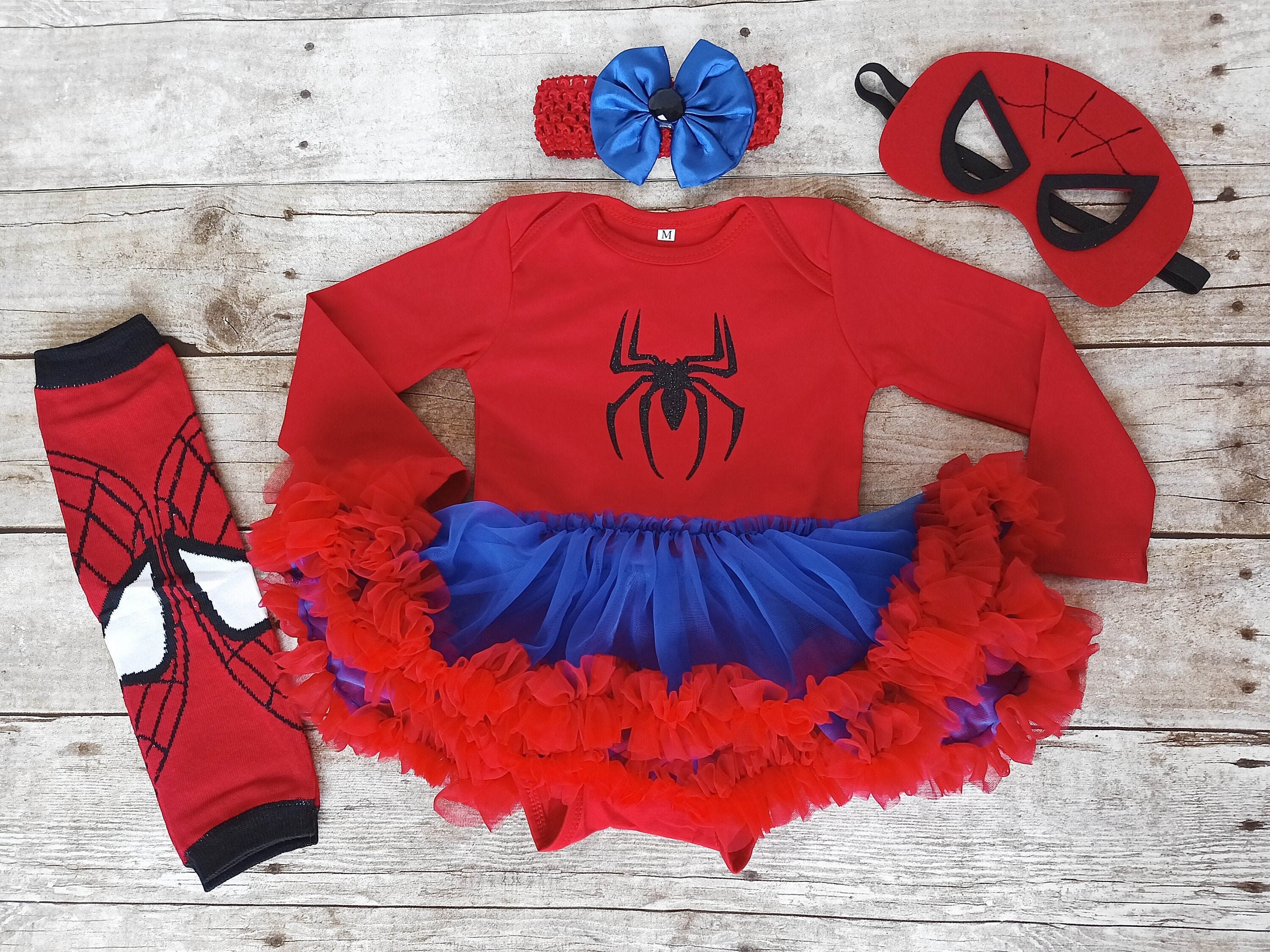 Spiderman, Spider girl Superhero Halloween costume baby girl dress, Tutu  dress/bodysuit, headband, legwarmers mask outfit. Nb-24 mths -  Italia