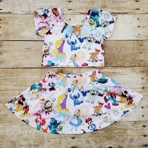 Disney characters dress Disney 2 piece dress Disney park Disney top and skirt/shorts Birthday dress Disney  princess skort set.