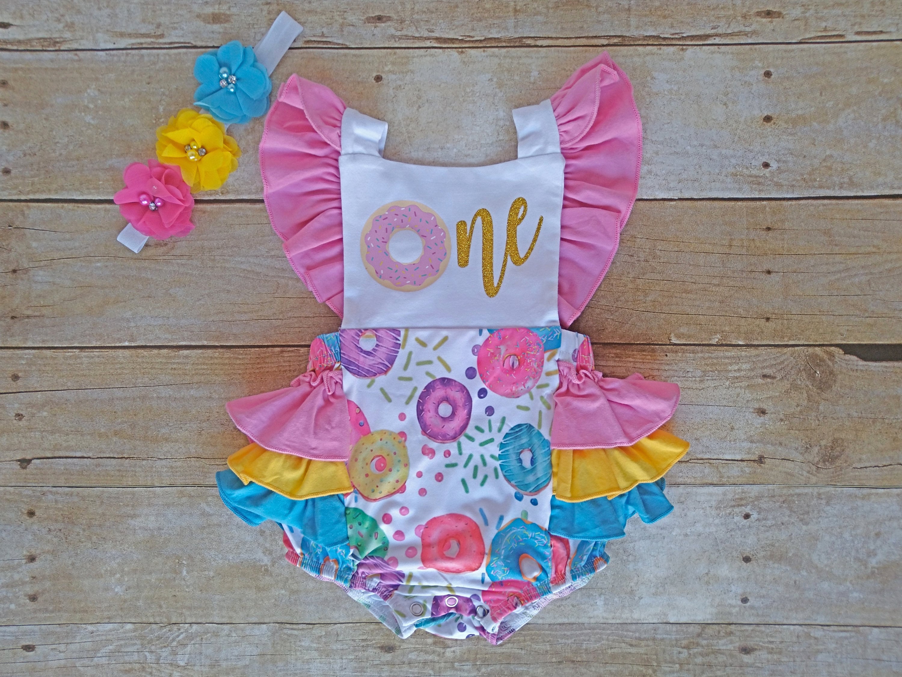 Donut First birthday romper, One donut romper, Baby donut romper,  Gi…