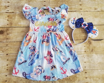 Restocked Girl Disney cruise dress, dress, Disney girl Cruise outfit, Mouse cruise dress, Cruise ear headband. Personalization optional
