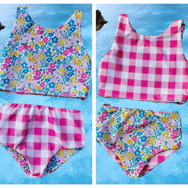 Reversible Floral plaid girl swimsuit suit. Girl swimming suit. Girl 2 piece tanquini swimsuit. Girl bathing suit. Two-piece girl swimsuit