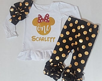 Mickey Minnie Mouse first birthday outfit, Personalized, 1st birthday, smash cake Disney, One ruffle shirt, polka dot pants, Girl