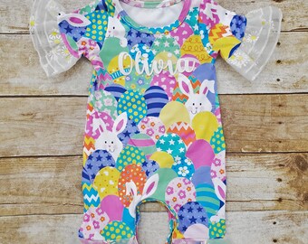 Easter romper, Easter ruffle romper, Easter egg romper Toddler girl Easter romper, Girl Easter romper, Bunny Easter romper, Baby girl easter