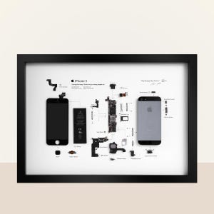 Framed Disassembled iPhone-5  - Retro Tech Wall Art - Matte Black Background - Apple Collector Gift - Office Decor