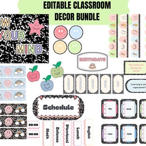May include: A collection of editable classroom decor elements. Includes smiley faces, apples, rainbows, and star designs. Text includes "Grow Your Mind", "Birthdays", "Schedule", and student names. Perfect for teachers to create a fun learning environment.
