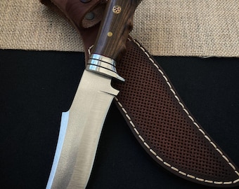 Handmade Wolf Head Camping Knife, Sail Blade, Leather Sheath