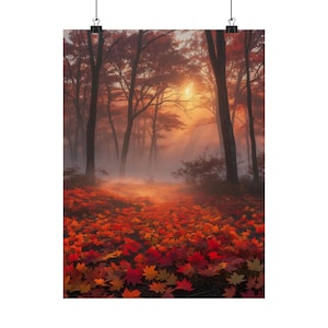 Autumn Forest Poster, Misty Fall Landscape Wall Art, Sunrise Woodland Print, Cozy Home Decor, Nature Photography Wall Print