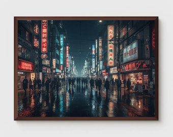 Neon City Artwork | Shinjuku Street at Night | Cyberpunk Tokyo Poster | Cinematic Nightscape | Vibrant Anime City Print | Digital Download