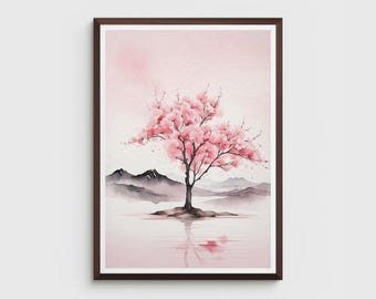 Zen Artwork | Cherry Blossom in Spring | Minimalist Tree in Bloom | Pink Petals Falling | Japanese Watercolor Ink Art | Digital Download