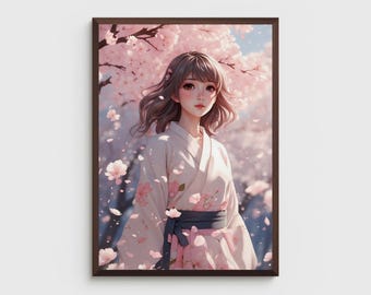 Póster de anime / Chica con flor de cerezo / Ilustración japonesa / Atmósfera primaveral pastel / Arte mural de naturaleza serena / Descarga digital