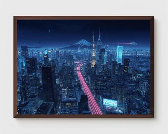 Tokyo Poster | Futuristic Tokyo Skyline | Anime Cyberpunk Artwork | Neon Skyscrapers Flying Cars | Cinematic Night Scene | Digital Download