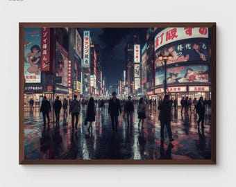 Poster Stadsgezicht | Shibuya Crossing at Night | Anime-stadsscène Tokio | Japanse nachtlevenkunst | Neonreflectieprint | Digitale download