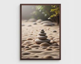 Minimalistisches japanisches Poster | Zen Garten Steine Print | Wabi-Sabi Steingarten Kunst | Geharkte Sandszene | Zen Dekor | Digitaler Download