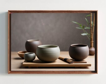 May include: A framed image showing a selection of ceramic bowls in different sizes and shades, such as olive green and brown. The bowls are displayed on a wooden tray with a bamboo whisk and chopsticks, evoking a tea ceremony.