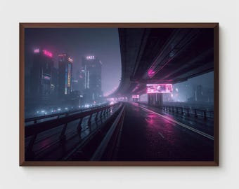 Digital City Poster | Neon Overpass at Night | Tokyo Cyberpunk Artwork | Cinematic Nightscape | Vibrant Neon City Print | Digital Download