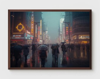 Tokyo Street Print | Shinjuku Rainstorm Scene | Cyberpunk Neon Artwork | Cinematic Nightscape | Vibrant Tokyo City Poster | Digital Download