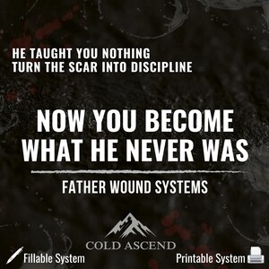 May include: A motivational graphic with a dark, textured background and white text. The text reads "HE TAUGHT YOU NOTHING TURN THE SCAR INTO DISCIPLINE" and "NOW YOU BECOME WHAT HE NEVER WAS." The graphic includes the words "FATHER WOUND SYSTEMS" and the logo for "COLD ASCEND."