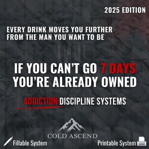 May include: A motivational poster with a dark textured background. The text reads "2025 EDITION" and "EVERY DRINK MOVES YOU FURTHER FROM THE MAN YOU WANT TO BE." It also says "IF YOU CAN'T GO 7 DAYS YOU'RE ALREADY OWNED." The brand name is "COLD ASCEND."