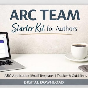 Könnte beinhalten: Ein Laptop, eine weiße Kaffeetasse auf einer Untertasse und eine kleine Topfpflanze stehen auf einem weißen Schreibtisch. Der Text "ARC TEAM Starter Kit for Authors" steht oben. Darunter stehen die Worte "ARC Application | Email Templates | Tracker & Guidelines" und "DIGITAL DOWNLOAD."