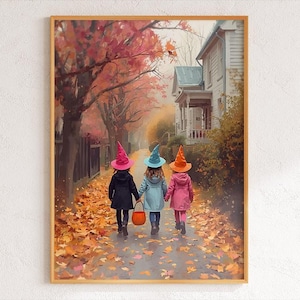 three girls trick or treating painting | halloween witches wall art print | girl&#39;s room autumn printable | spooky cute | kids fall painting