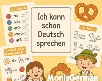 May include: Educational German language learning materials. The image features flashcards with German words for colors, animals, and articles. The text "Ich kann schon Deutsch sprechen" is displayed prominently. A pretzel and cartoon characters are also included.
