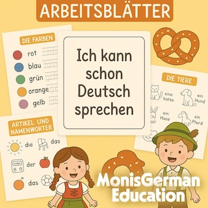 May include: Educational German language learning materials. The image features flashcards with German words for colors, animals, and articles. The text "Ich kann schon Deutsch sprechen" is displayed on a central card, with illustrations of a pretzel and children.
