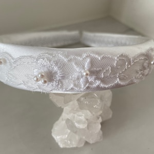 1st Communion Headband Veil, White Embroidered Lace Communion Headband with Veil, Optional Trim on Veil,