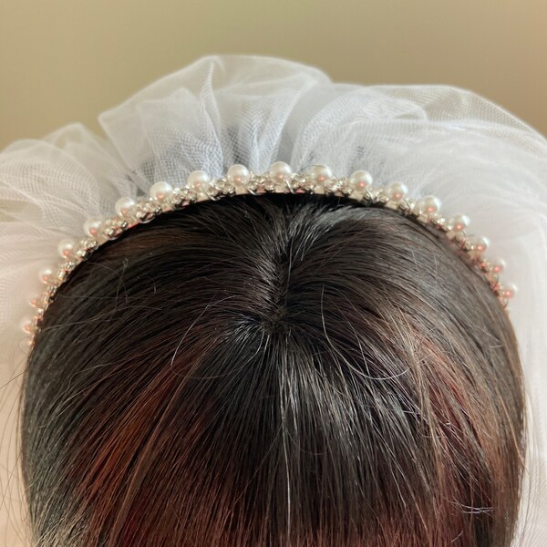 Ivory Pearl Headband, First Communion Veil, Rhinestone Bridal Headband, Customized Veil