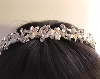 Floral Rhinestone Headband: First Communion Headpiece, Bridal Headband, Optional Veil