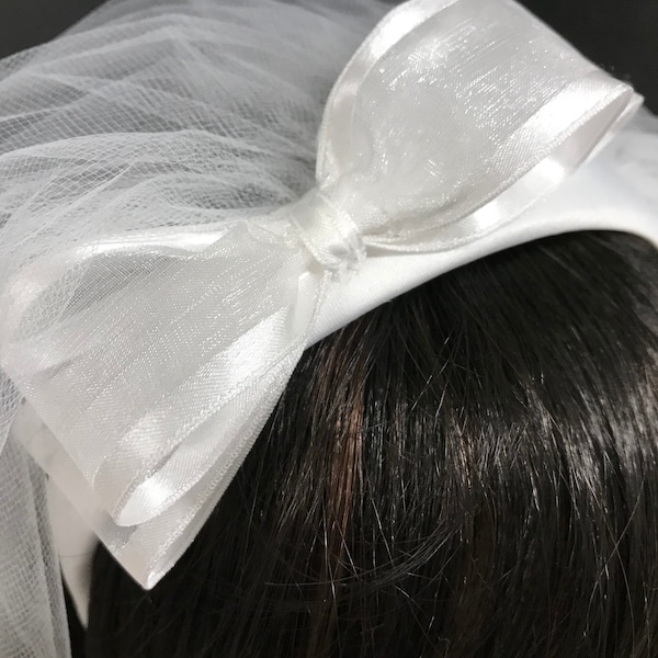 1st Communion Headband Veil, White First Communion Organza Bow Headband, Flower Girl Headpiece, Communion Veil, Customized Veil