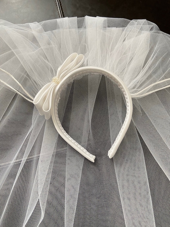 First Communion Veil Headband: Satin Bow & Pearl Detail Hand Crafted in the USA