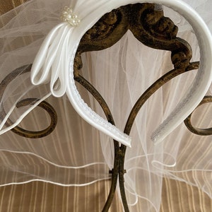 First Communion Veil Headband: Satin Bow & Pearl Detail Hand Crafted in the USA immagine 4