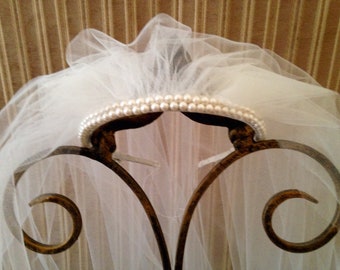 Pearl Bridal Veil Headband, Bachelorette, Elopement,White, Ivory & Diamond White