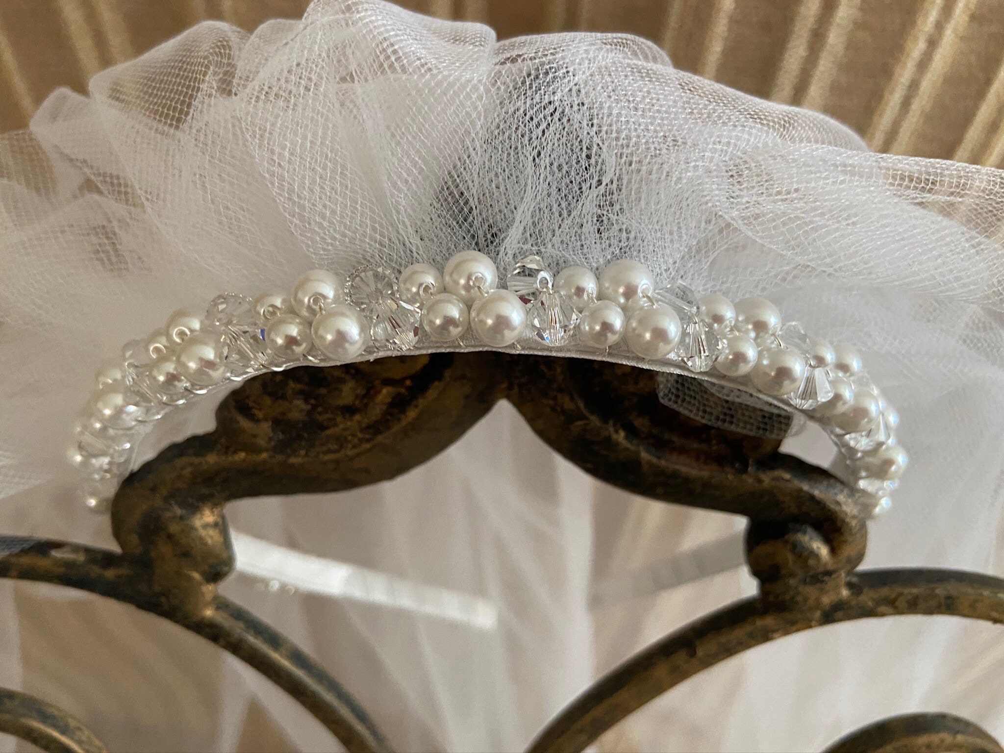 Beaded Pearl Tiara Headband with Tulle Persephone Ivory Chunky Pearl Headband main image 3