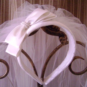 Pu&ograve; includere: Una fascia per capelli da sposa bianca con un grande fiocco di raso e un velo delicato. Il fiocco &egrave; adornato con piccole perle. Il velo &egrave; realizzato in un tessuto trasparente e leggero.