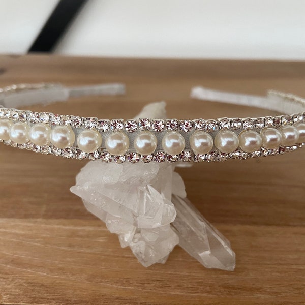 1st Communion Rhinestone & Pearl Beaded Headband Veil, Headpiece, Bridal Headband, Wedding Headpiece Informal Wedding, Hand made in the USA.